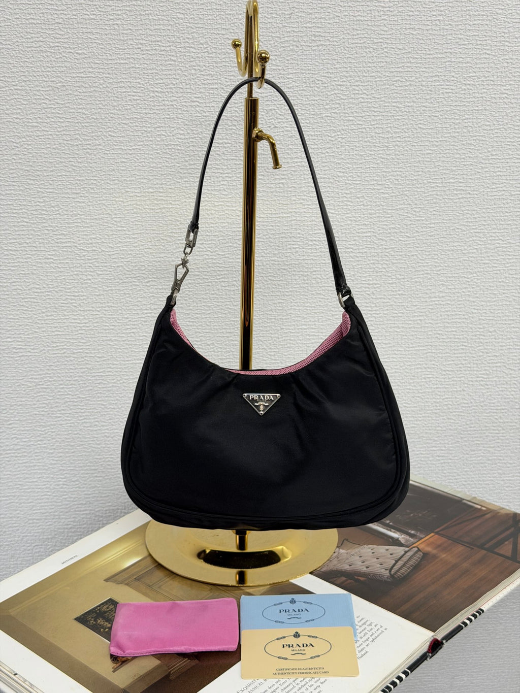 PRADA Tessuto Nylon Bicolor Shoulder Bag Pochette Black & Fuchsia Pink