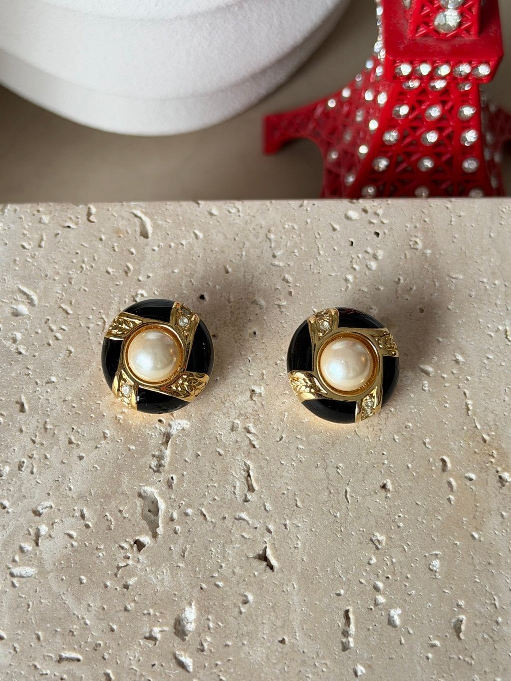 CHRISTIAN DIOR Black Enamel Pearl Line Stone Button Earrings