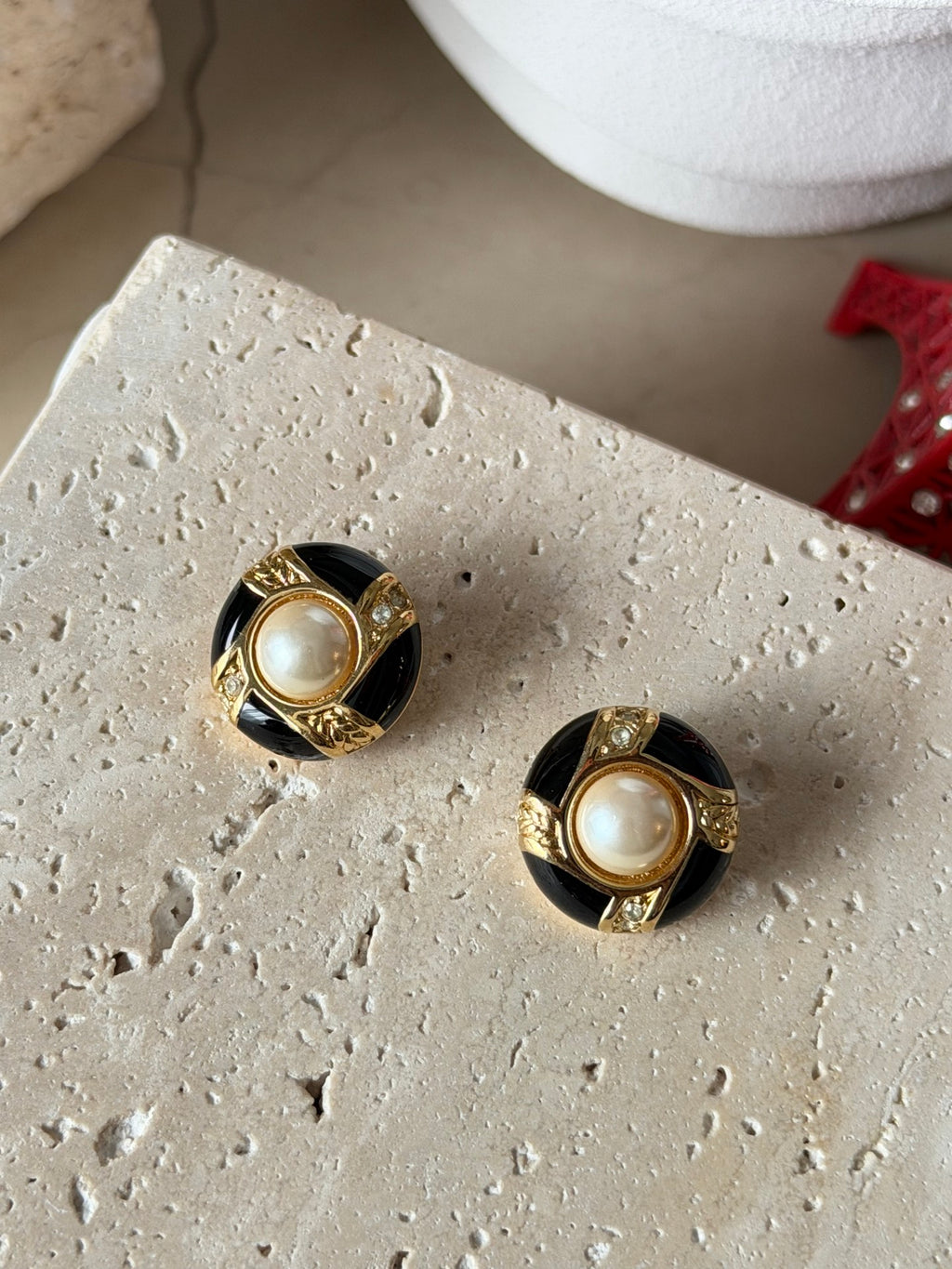 CHRISTIAN DIOR Black Enamel Pearl Line Stone Button Earrings