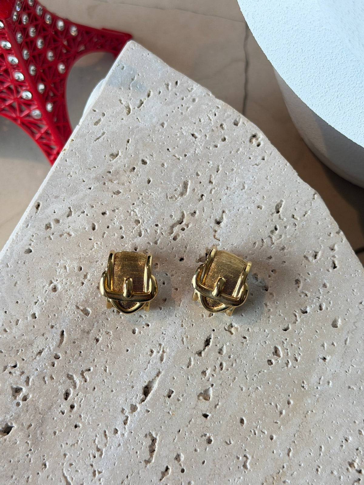 Textured Gold Belt Buckle Clip-On Earrings