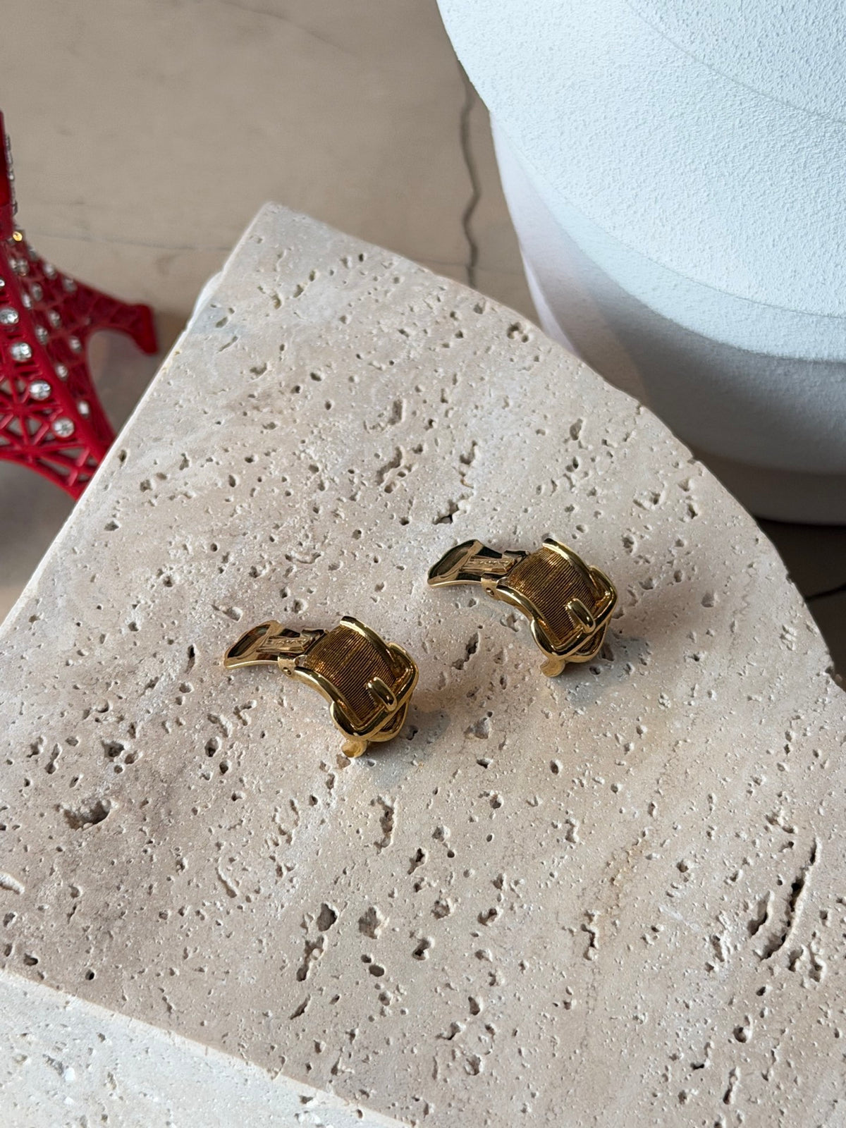 Textured Gold Belt Buckle Clip-On Earrings