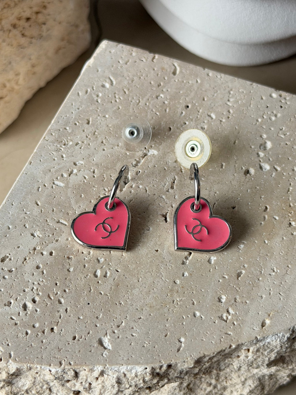 CHANEL Pink Enamel Heart Hoop Drop Earrings