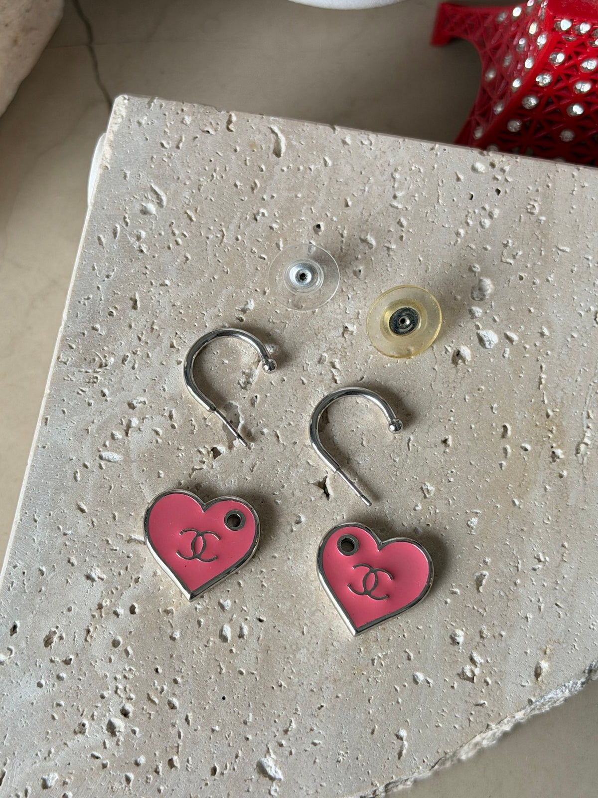 CHANEL Pink Enamel Heart Hoop Drop Earrings