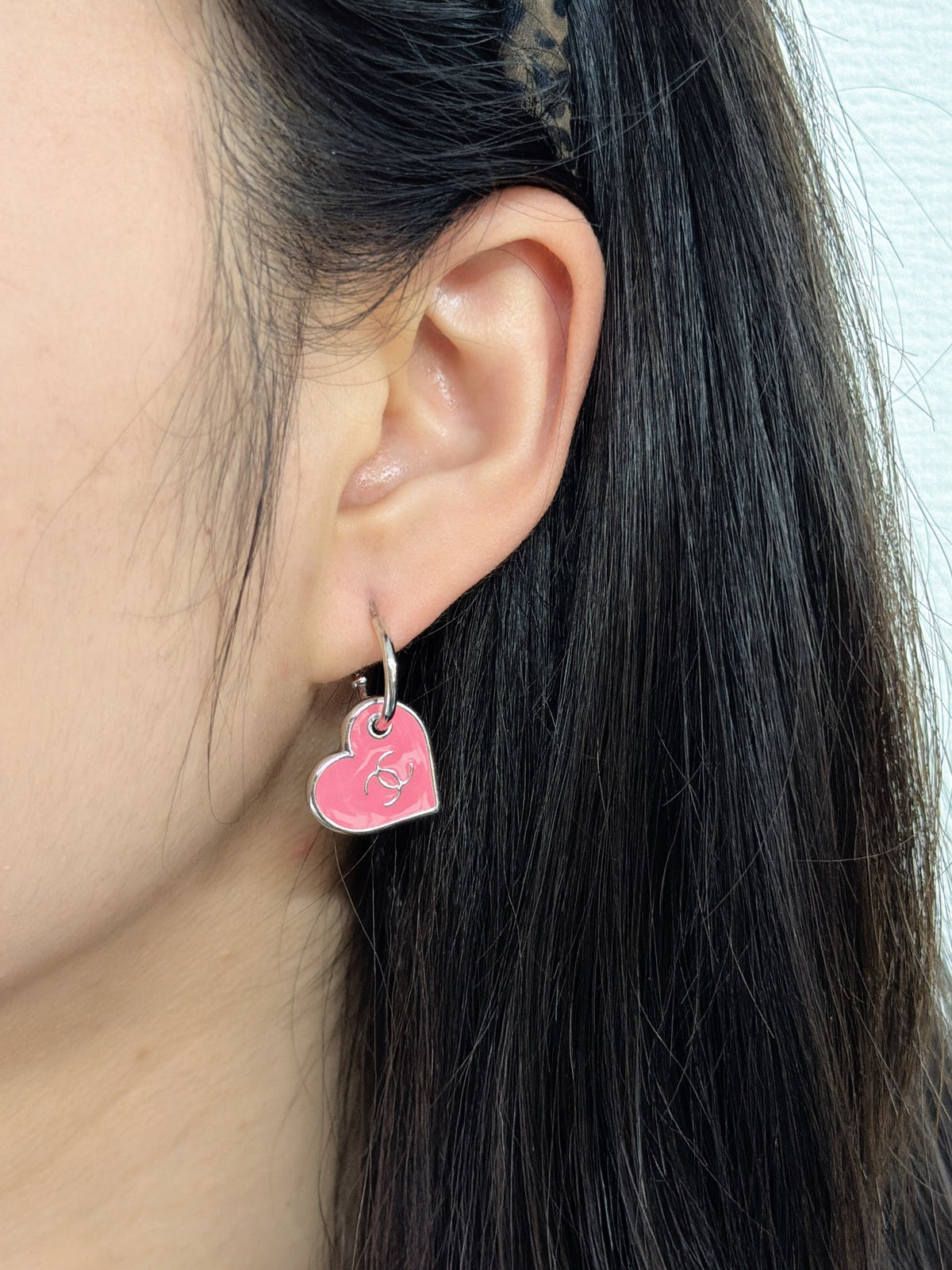 CHANEL Pink Enamel Heart Hoop Drop Earrings