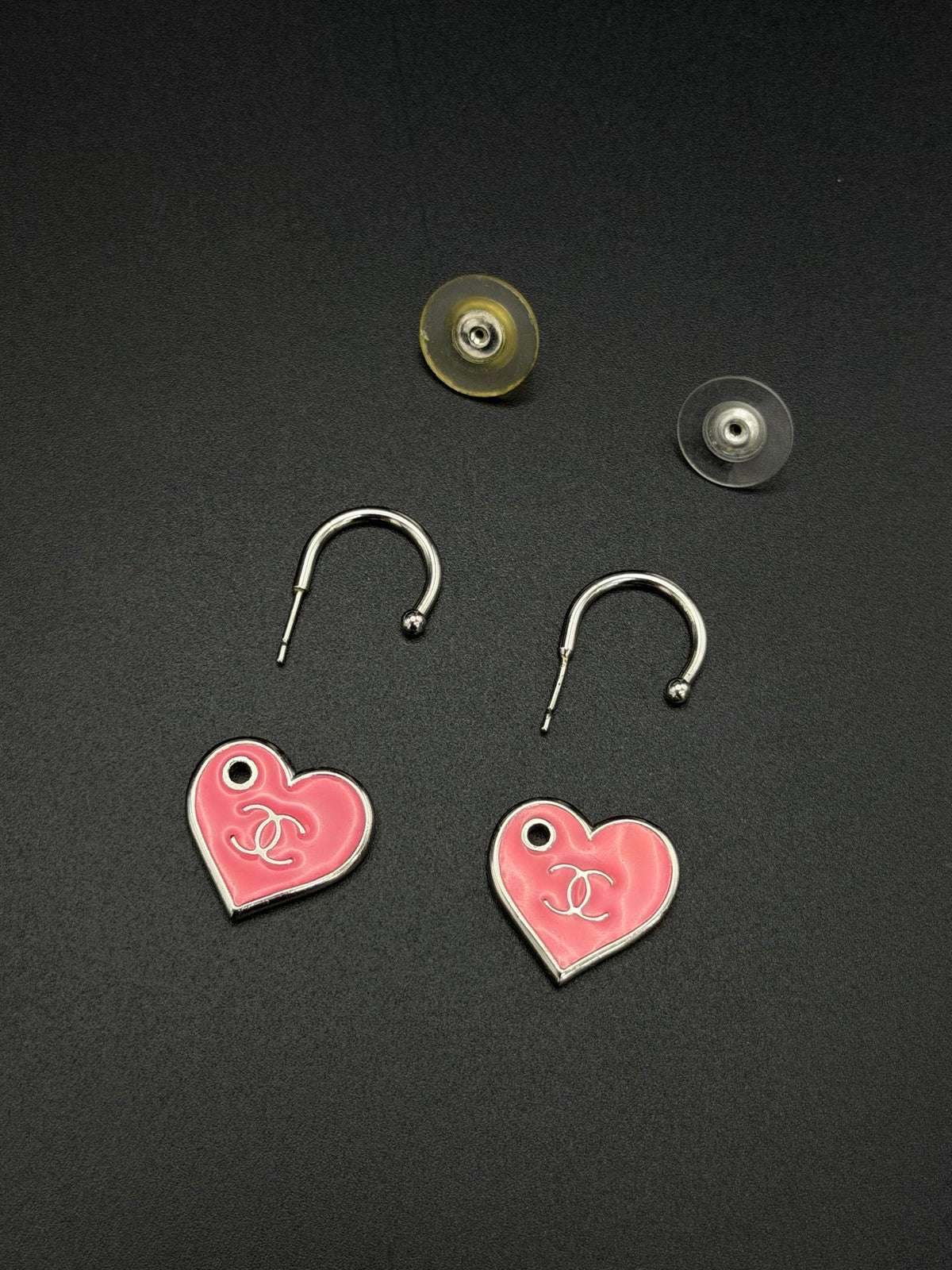 CHANEL Pink Enamel Heart Hoop Drop Earrings