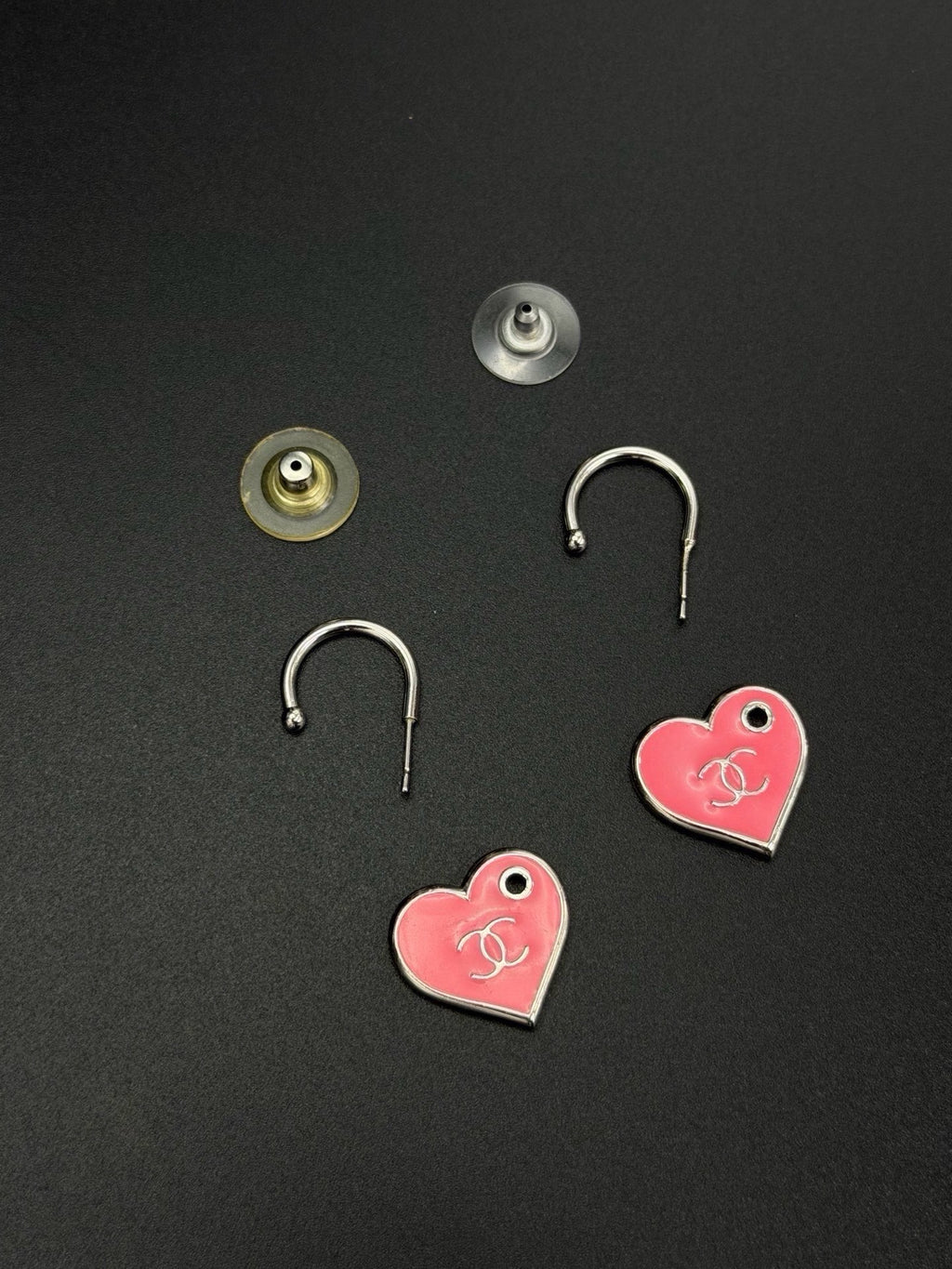 CHANEL Pink Enamel Heart Hoop Drop Earrings