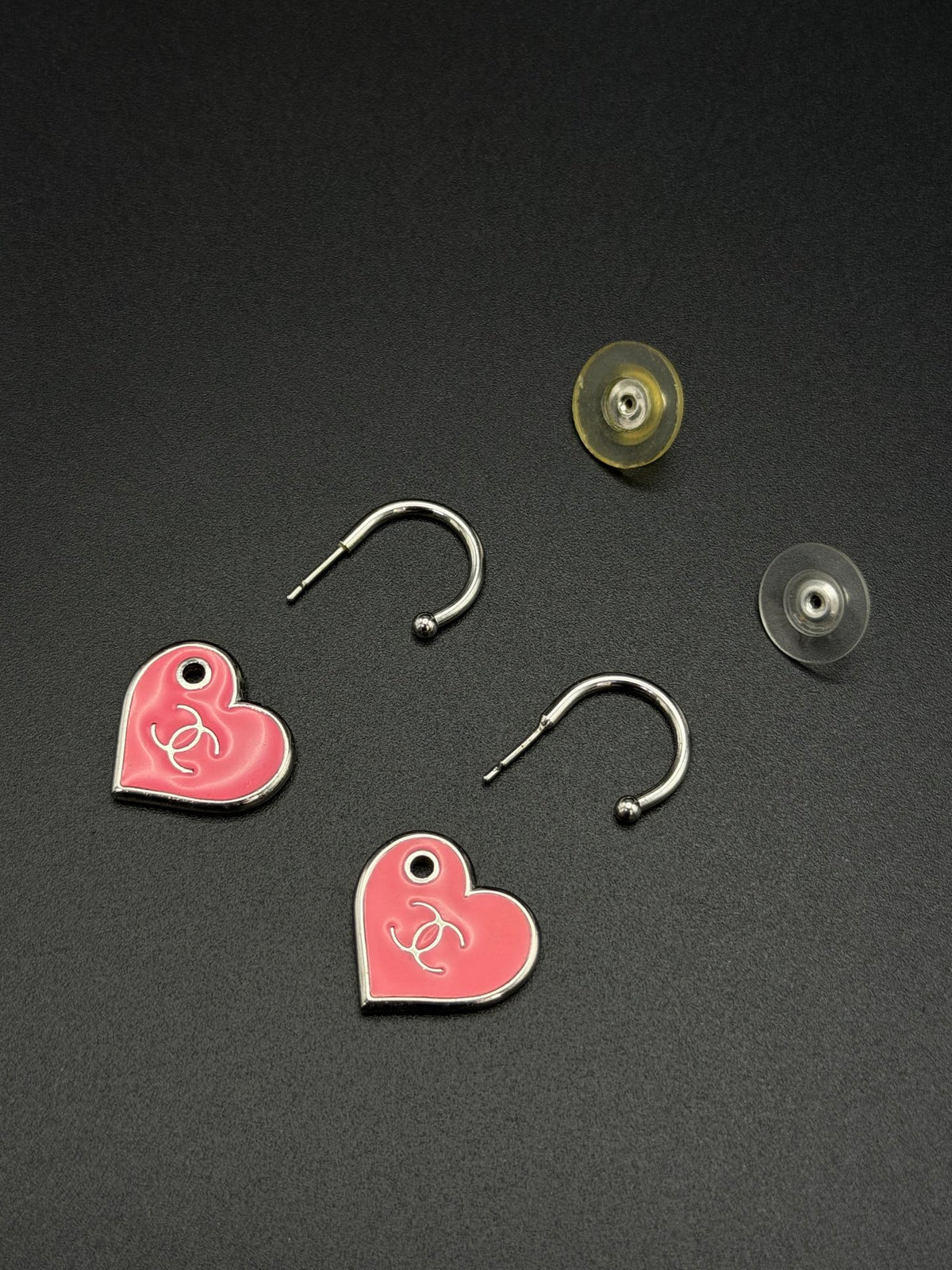 CHANEL Pink Enamel Heart Hoop Drop Earrings
