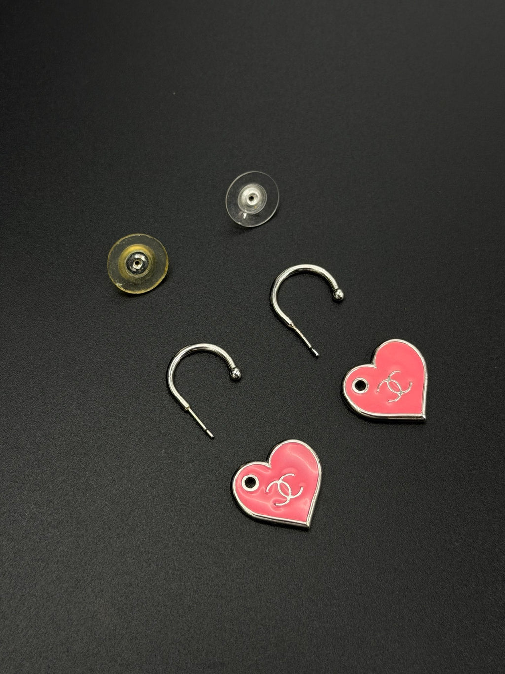 CHANEL Pink Enamel Heart Hoop Drop Earrings