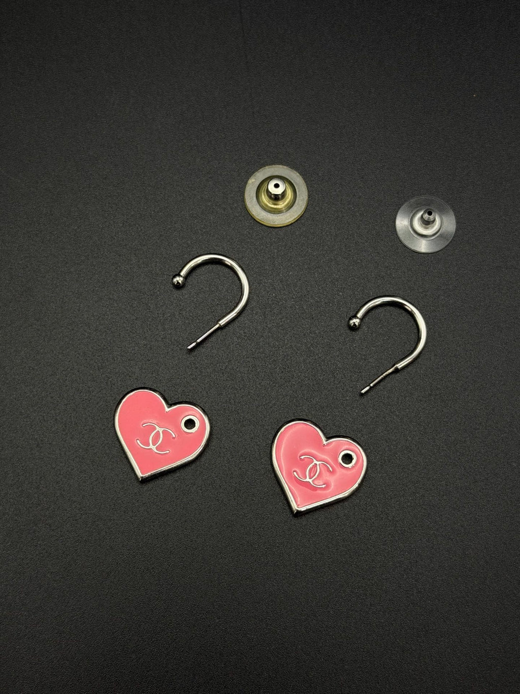 CHANEL Pink Enamel Heart Hoop Drop Earrings