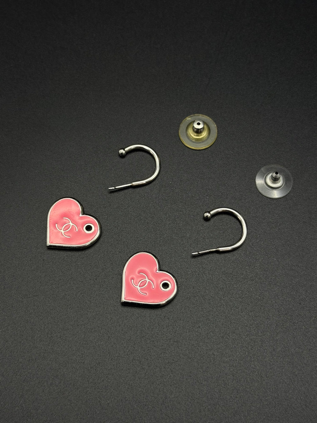 CHANEL Pink Enamel Heart Hoop Drop Earrings