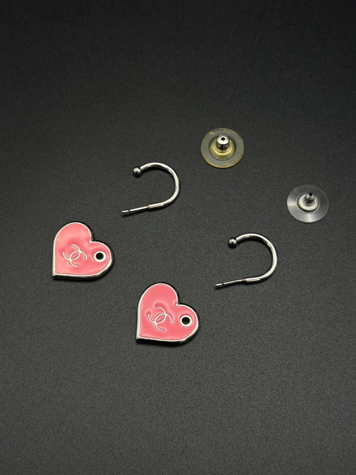 CHANEL Pink Enamel Heart Hoop Drop Earrings