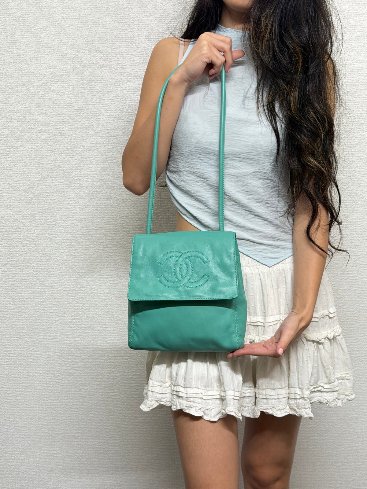 CHANEL Turquoise Caviar Stitched CC Flap Crossbody Bag