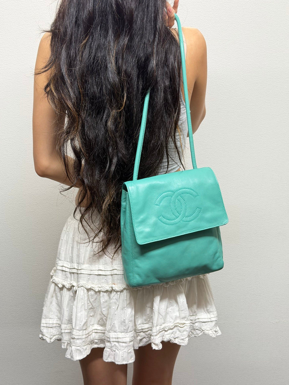 CHANEL Turquoise Caviar Stitched CC Flap Crossbody Bag