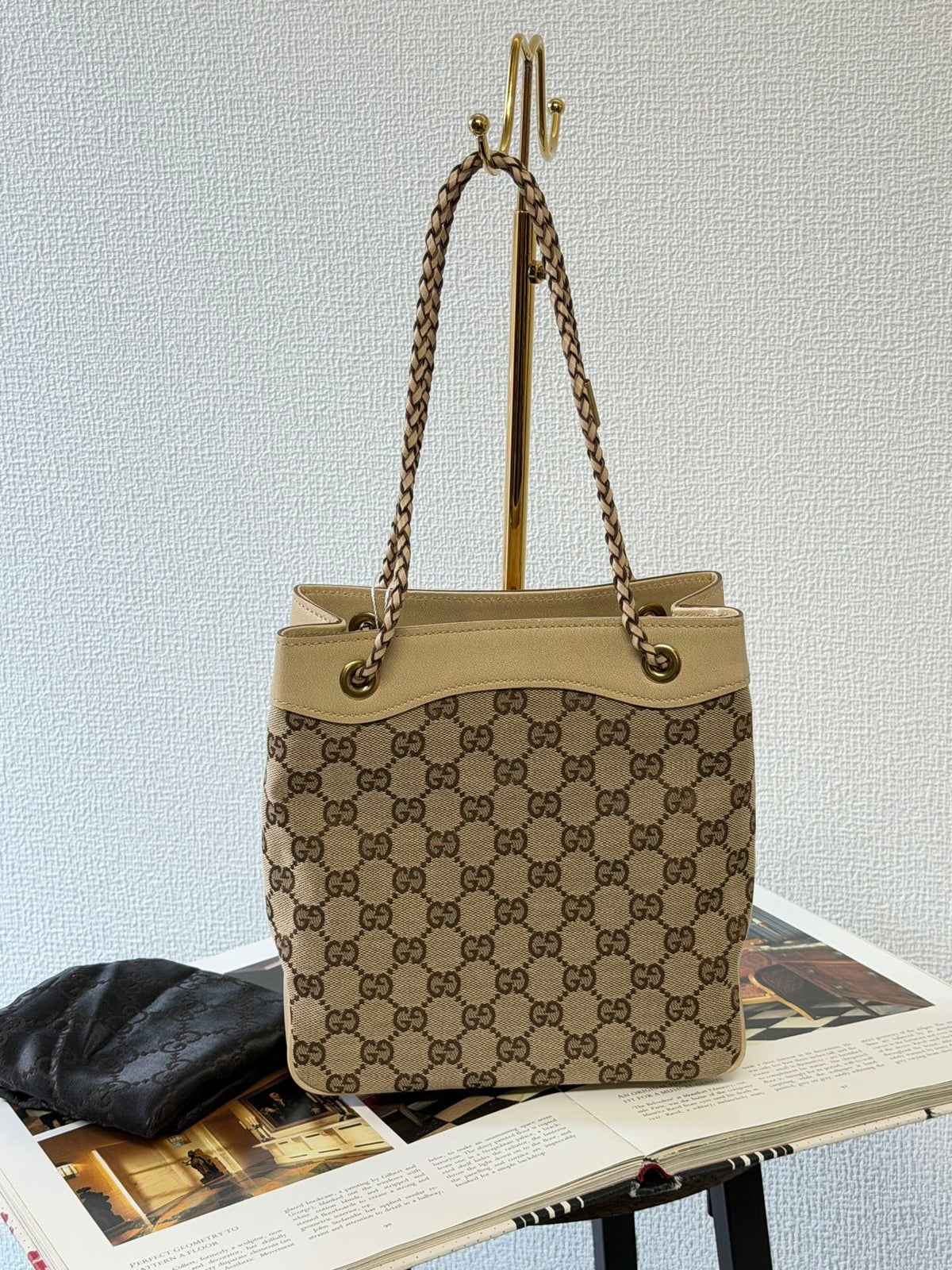 GUCCI  GG Canvas Braided Strap Bucket Shoulder Bag