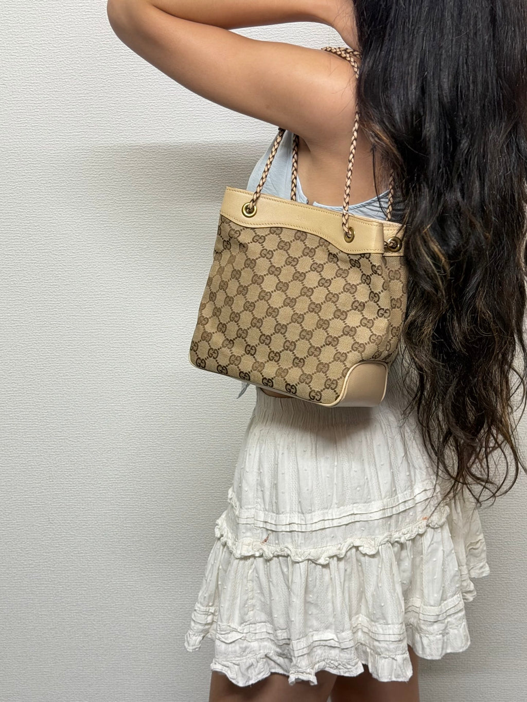 GUCCI  GG Canvas Braided Strap Bucket Shoulder Bag