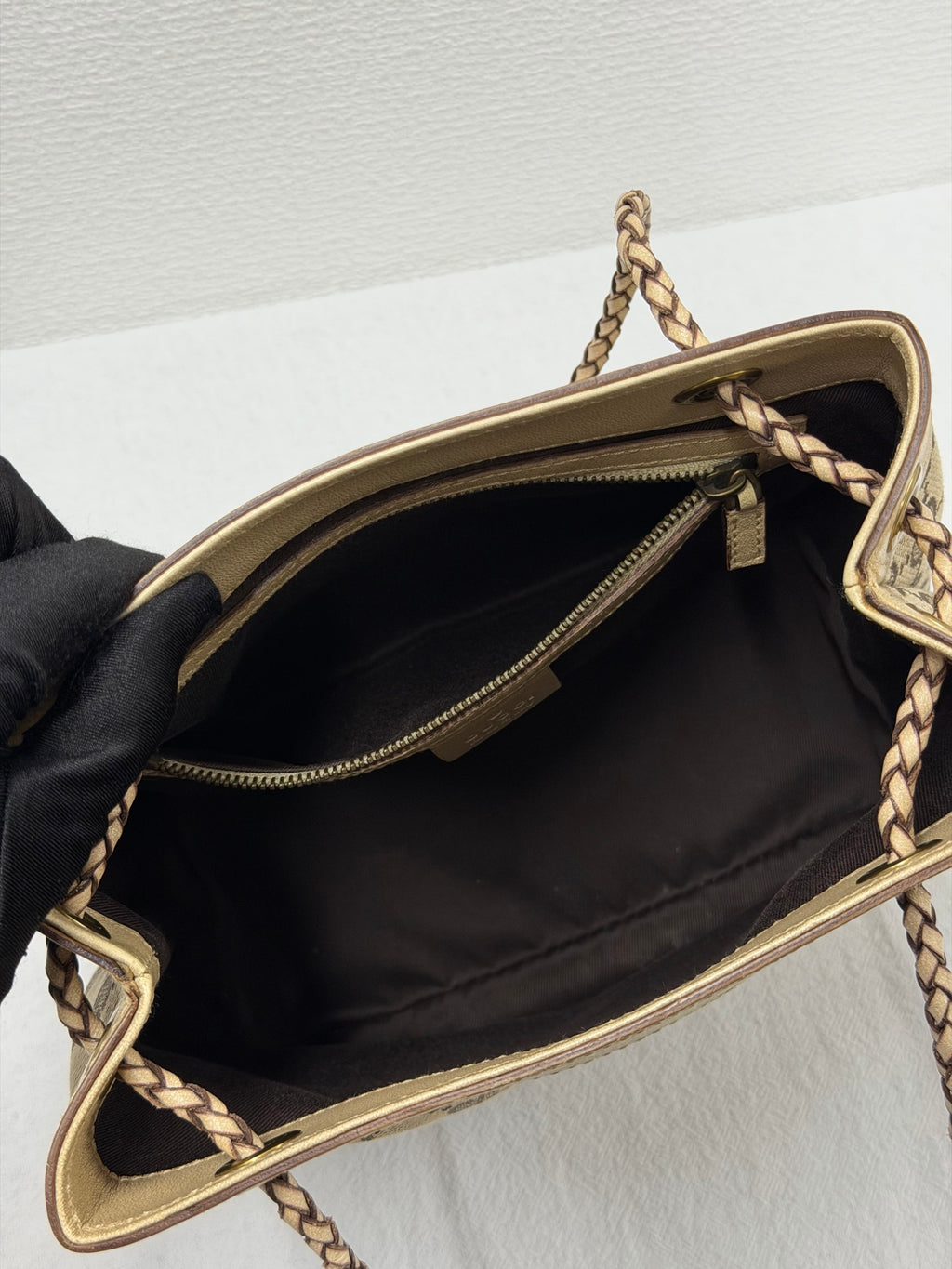 GUCCI  GG Canvas Braided Strap Bucket Shoulder Bag