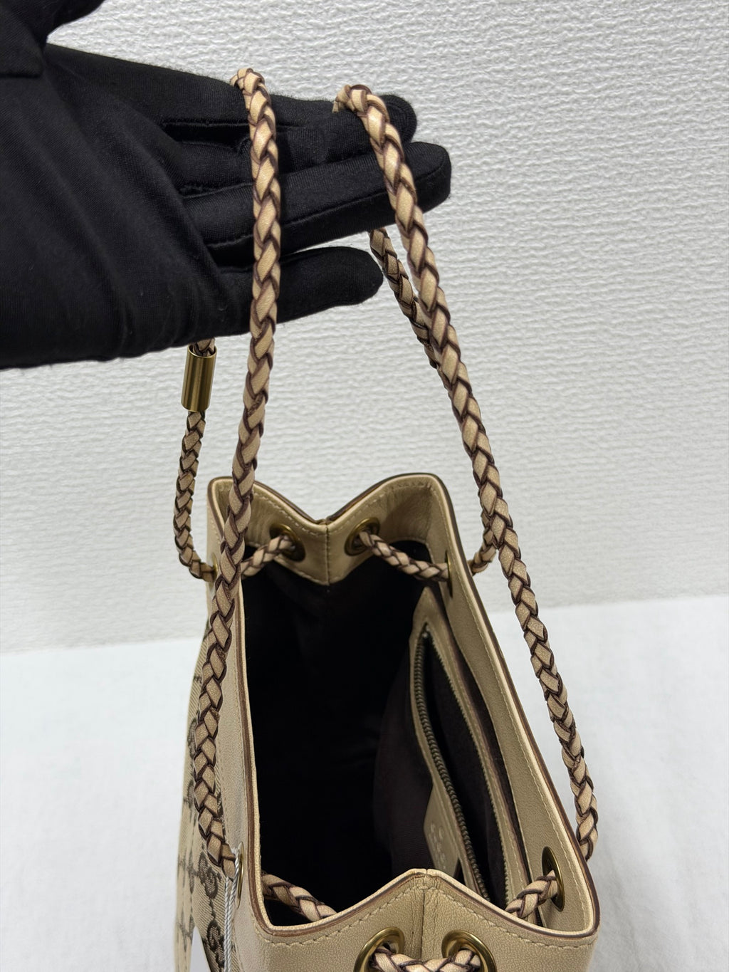 GUCCI  GG Canvas Braided Strap Bucket Shoulder Bag