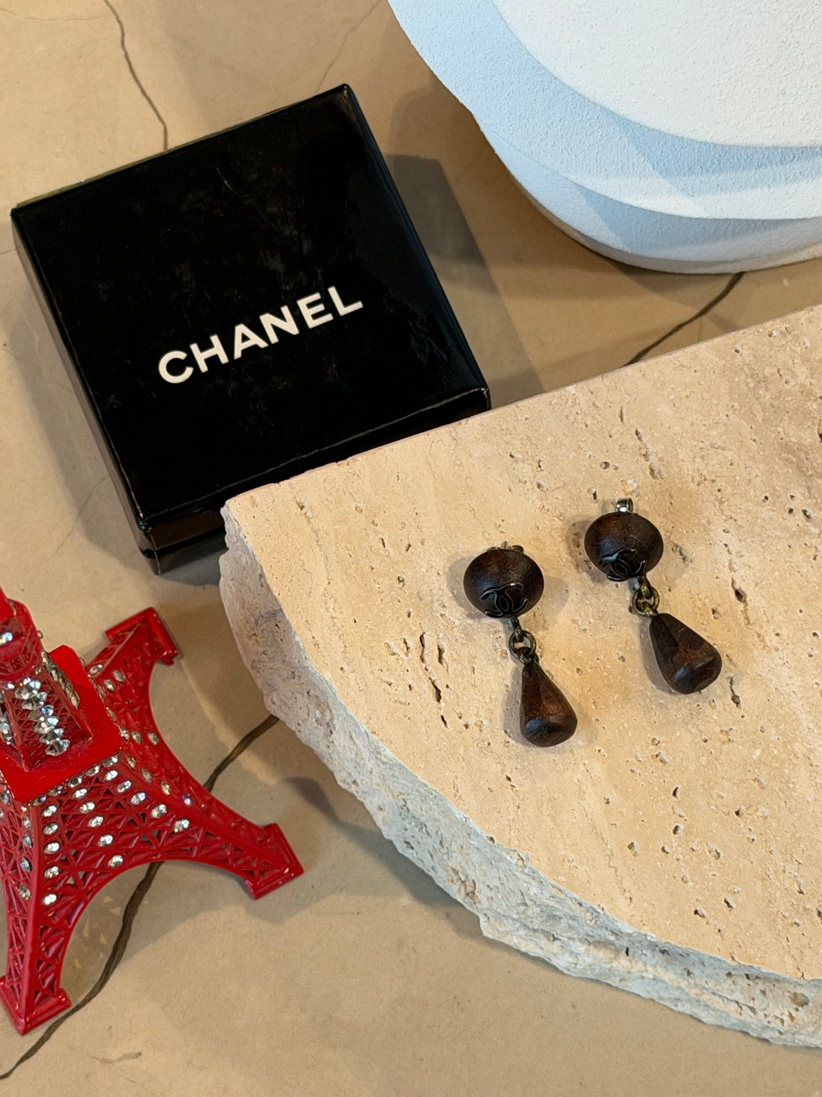 CHANEL Double C Logo Wood Earring