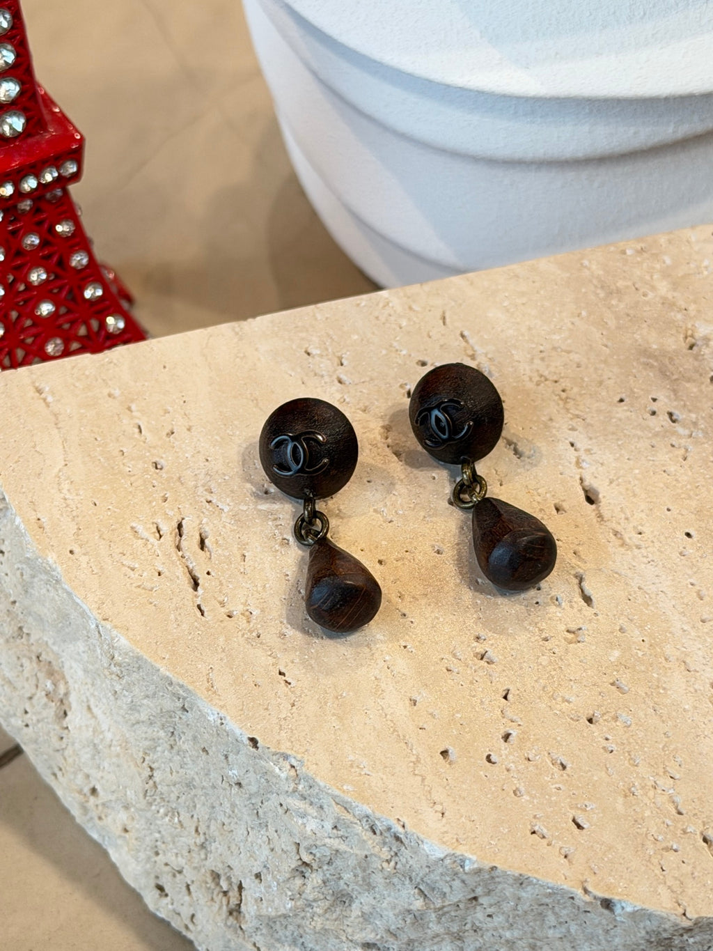CHANEL Double C Logo Wood Earring