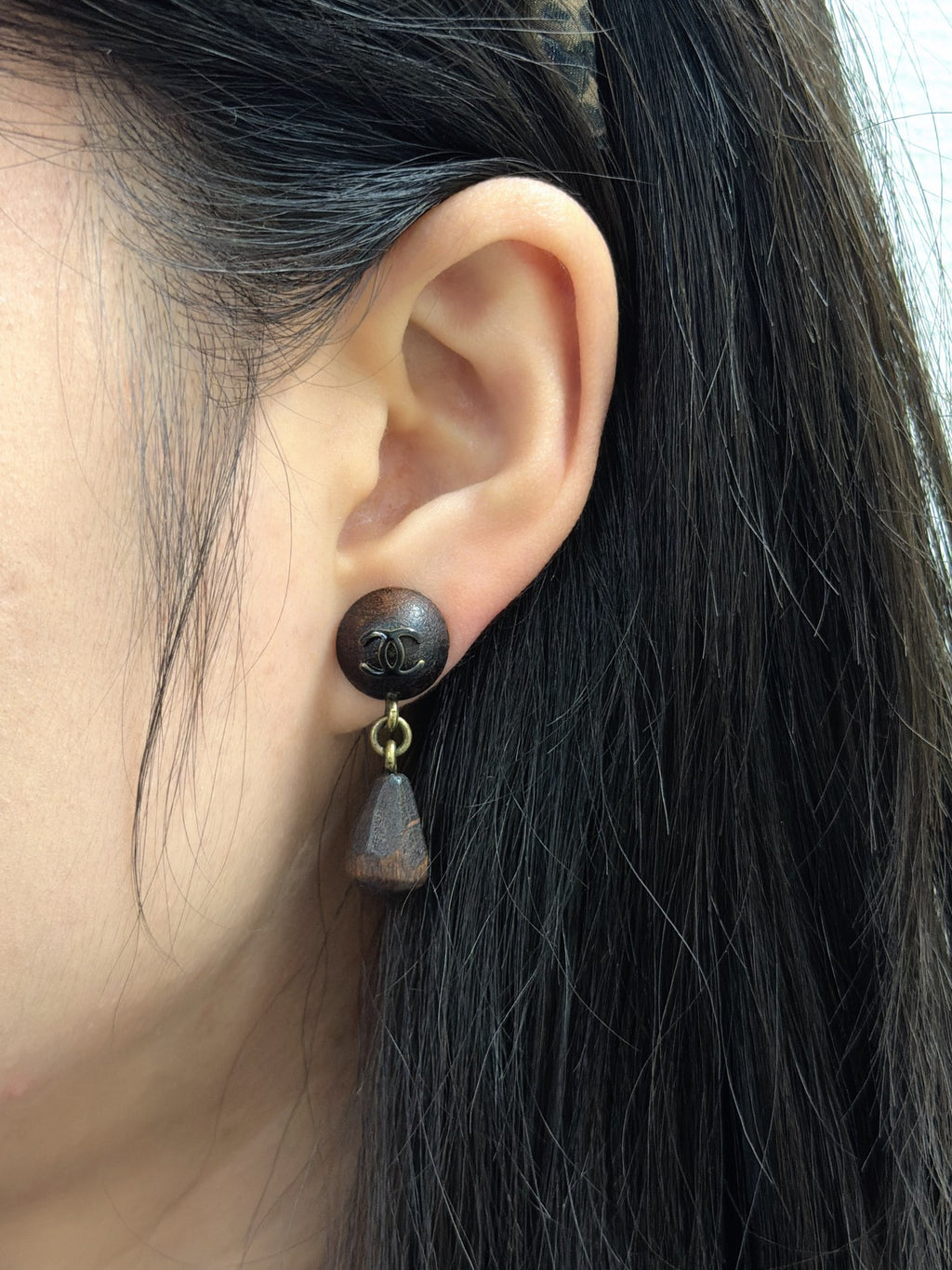 CHANEL Double C Logo Wood Earring