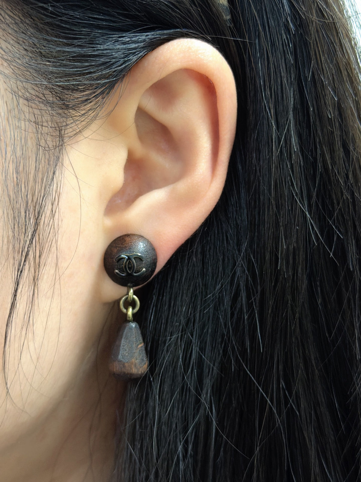 CHANEL Double C Logo Wood Earring