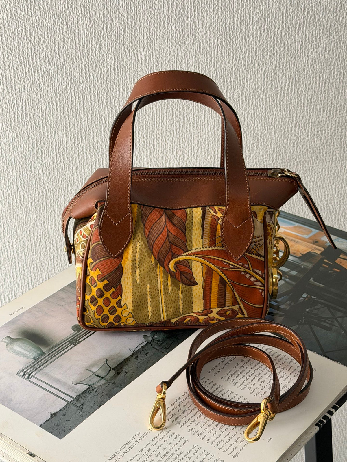 Salvatore Ferragamo  Leaf Print Canvas & Leather Frame Bag
