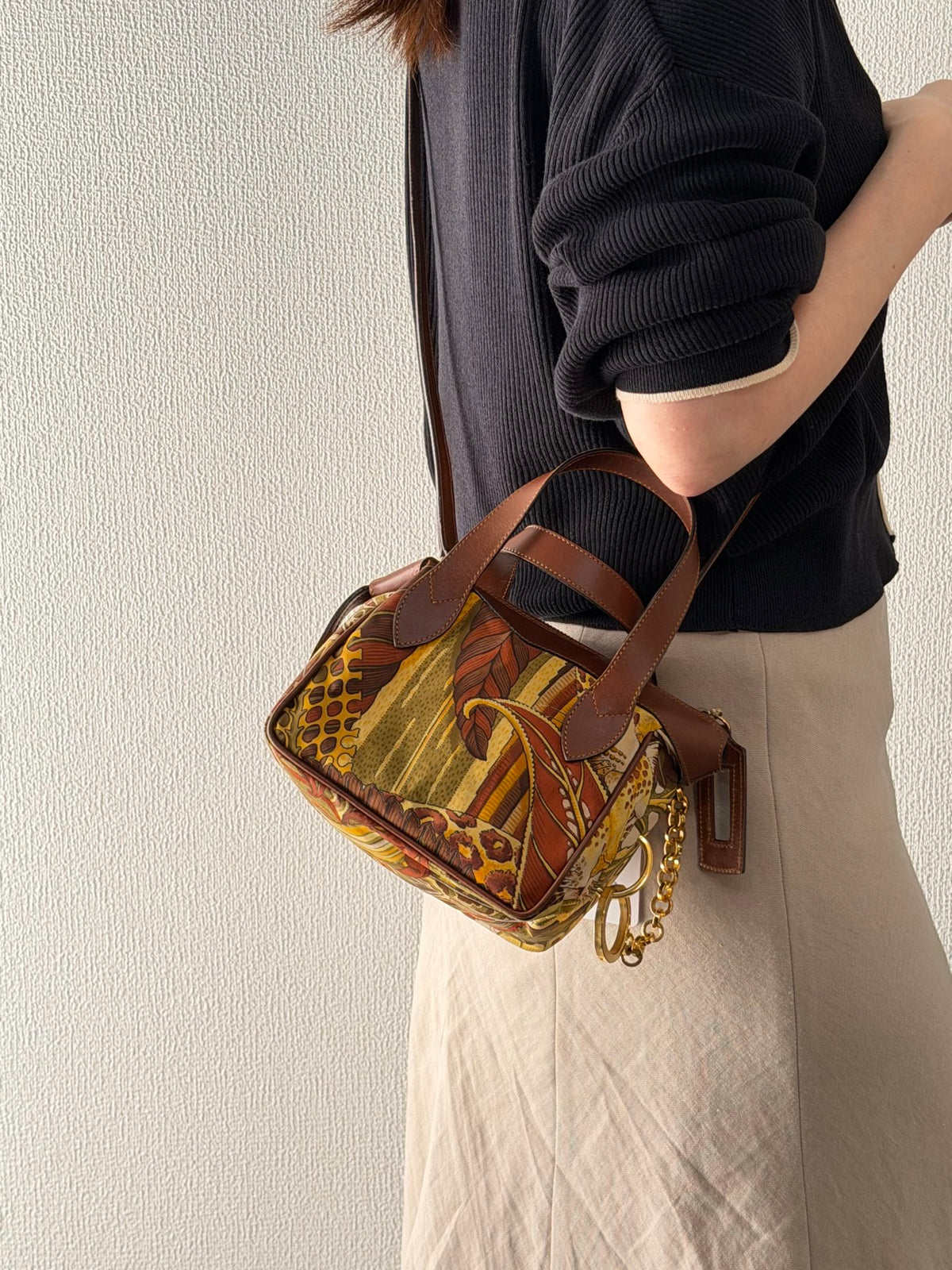 Salvatore Ferragamo  Leaf Print Canvas & Leather Frame Bag