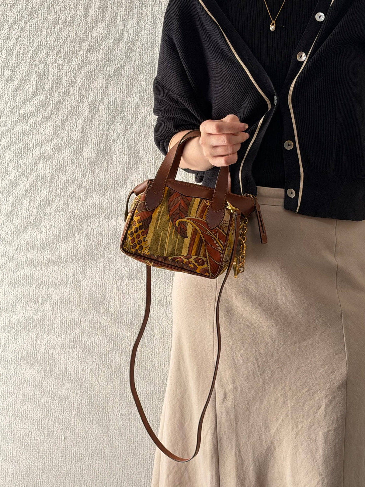 Salvatore Ferragamo  Leaf Print Canvas & Leather Frame Bag
