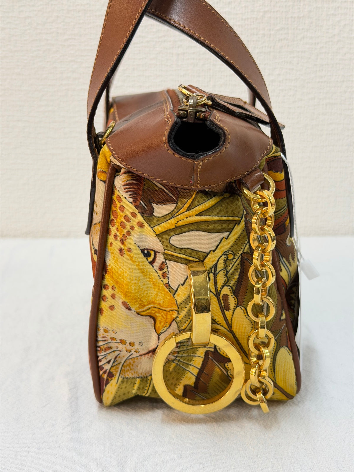 Salvatore Ferragamo  Leaf Print Canvas & Leather Frame Bag