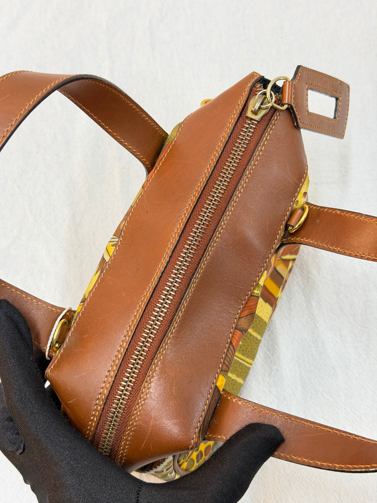 Salvatore Ferragamo  Leaf Print Canvas & Leather Frame Bag