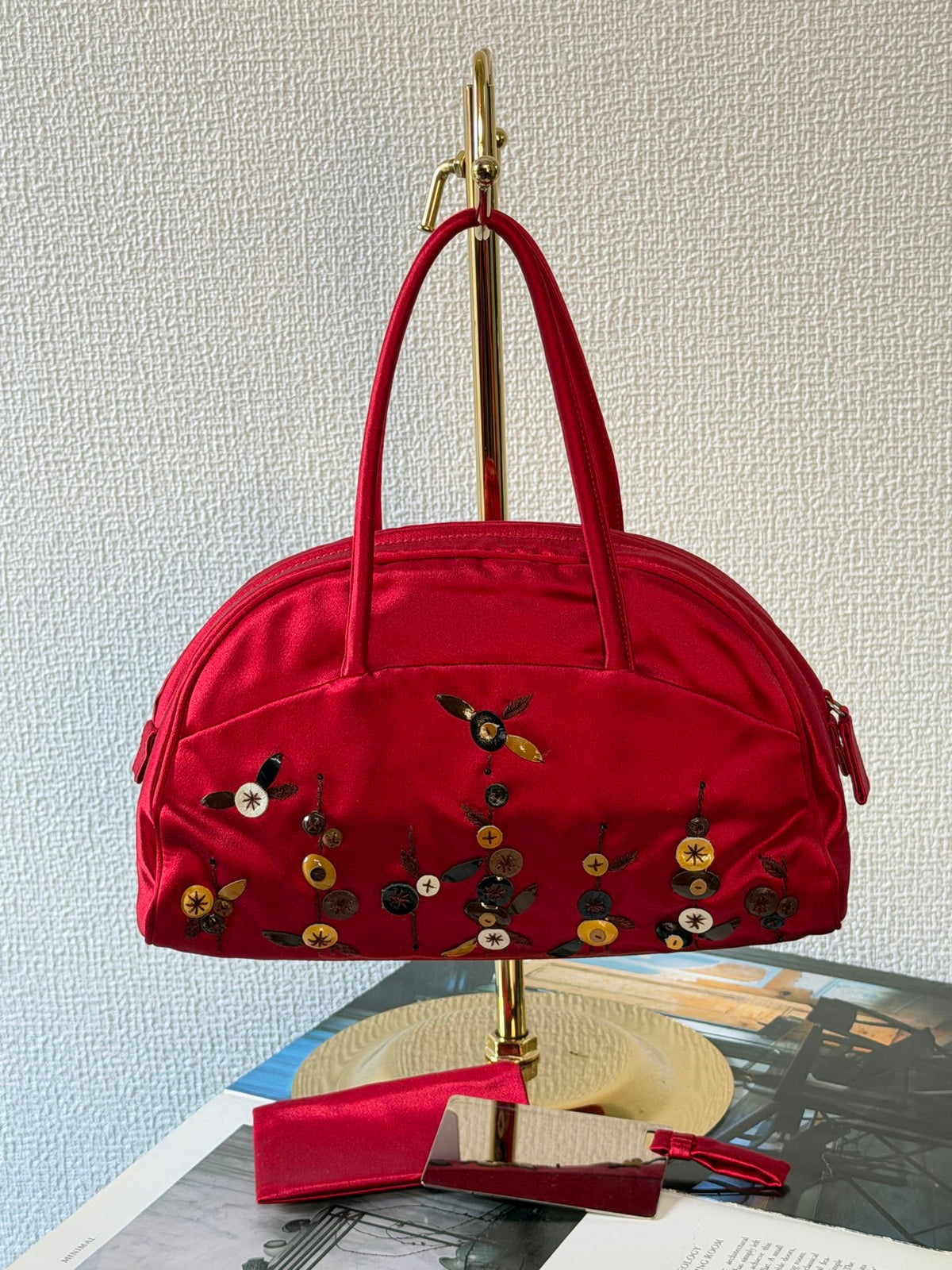 PRADA  Rosso Silk Satin Sequined Bowling Bag