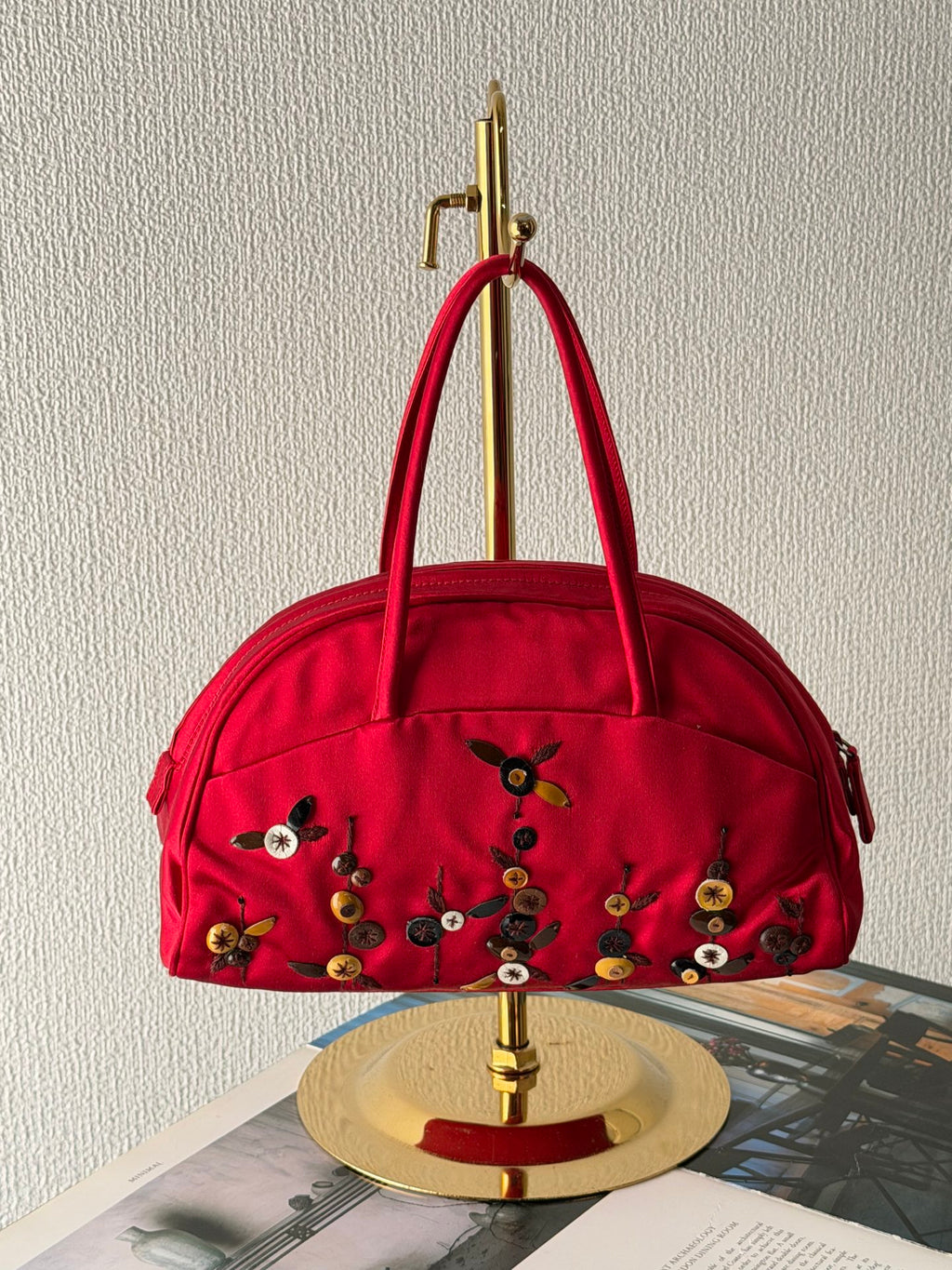 PRADA  Rosso Silk Satin Sequined Bowling Bag