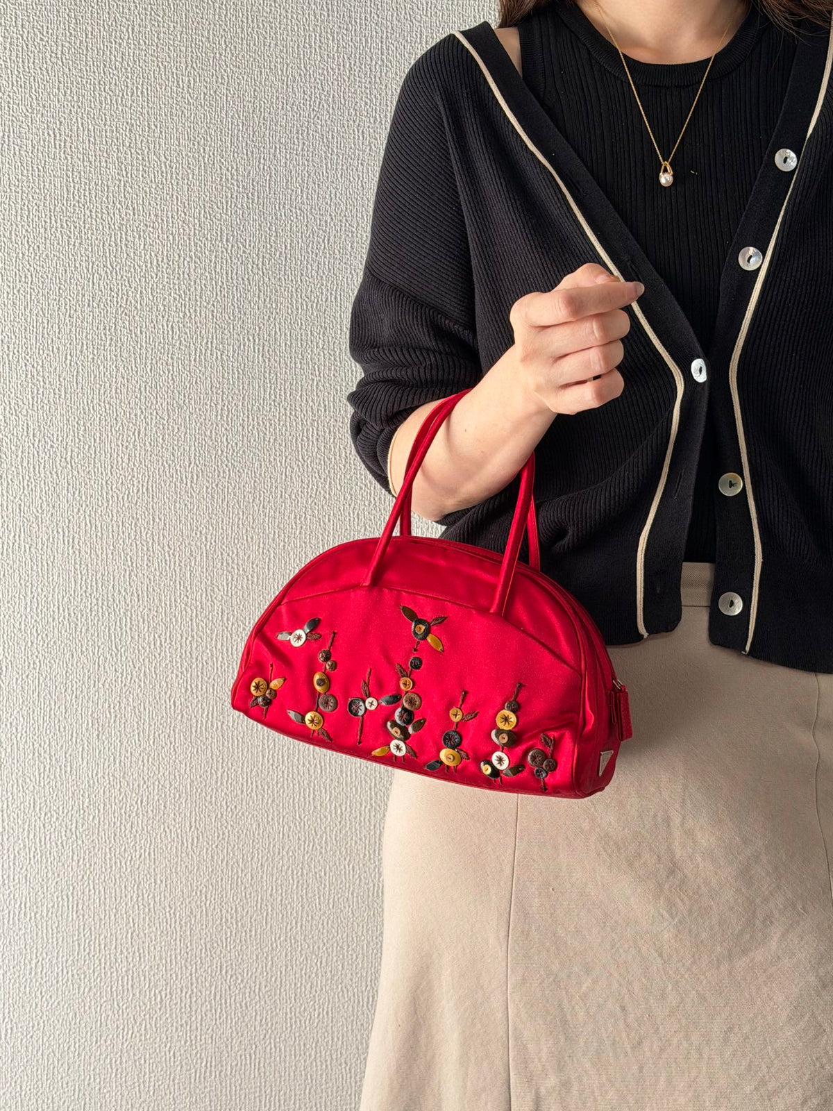 PRADA  Rosso Silk Satin Sequined Bowling Bag