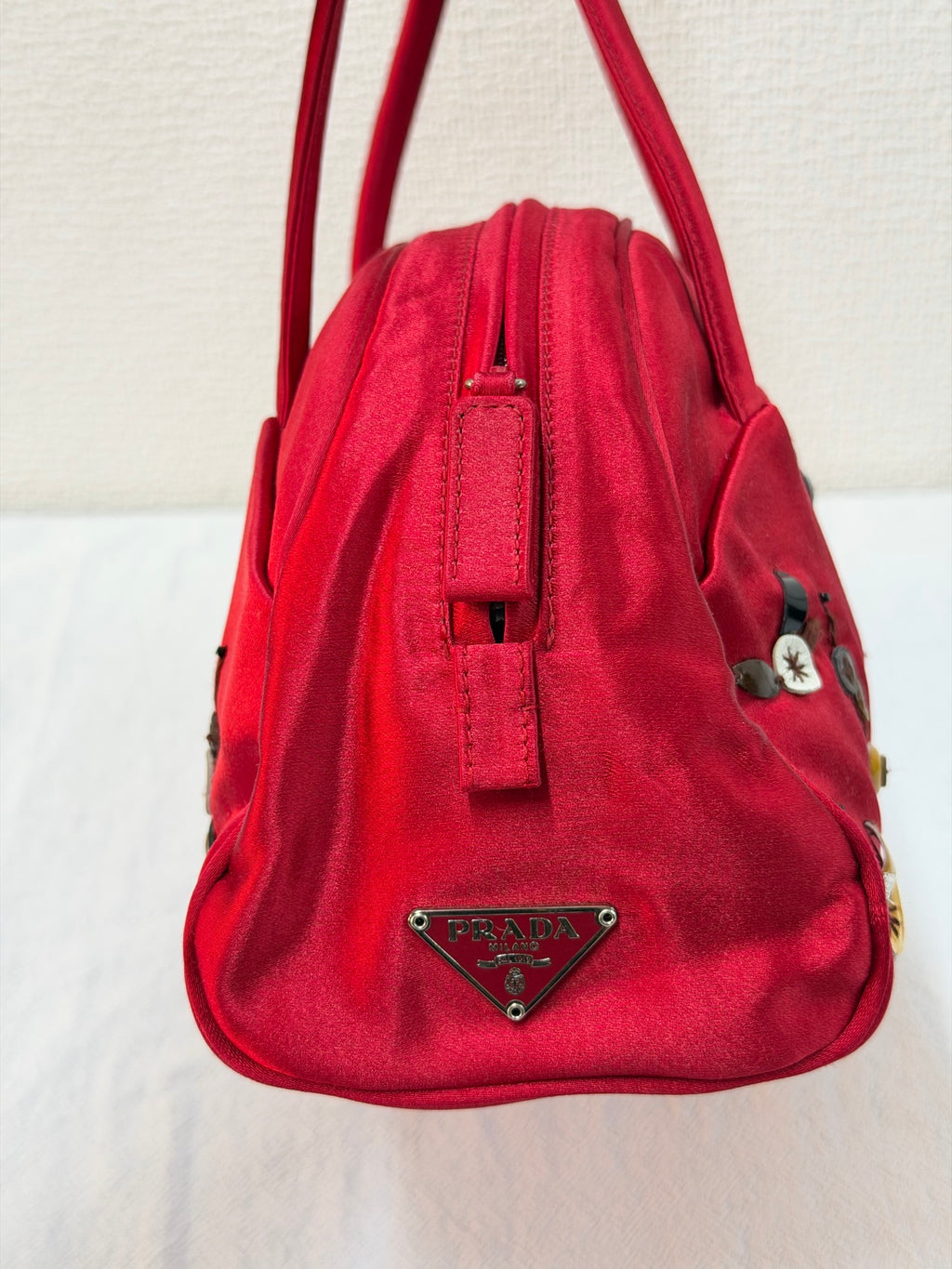 PRADA  Rosso Silk Satin Sequined Bowling Bag