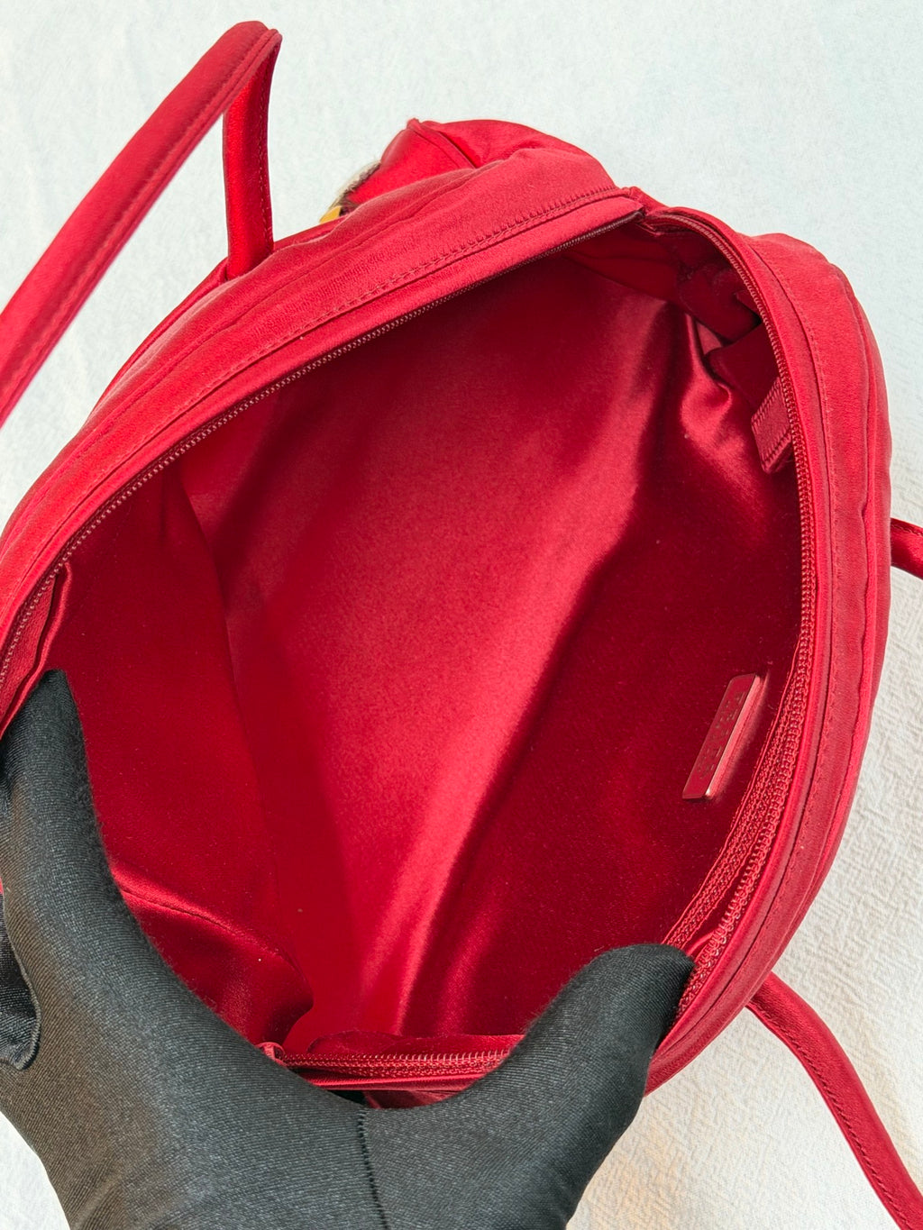 PRADA  Rosso Silk Satin Sequined Bowling Bag