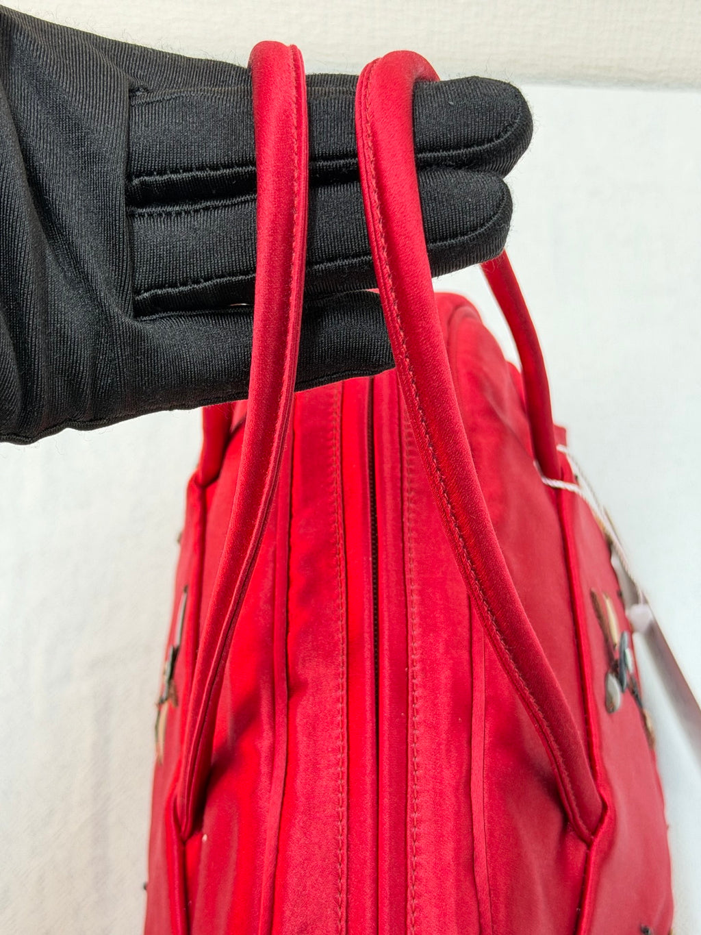 PRADA  Rosso Silk Satin Sequined Bowling Bag