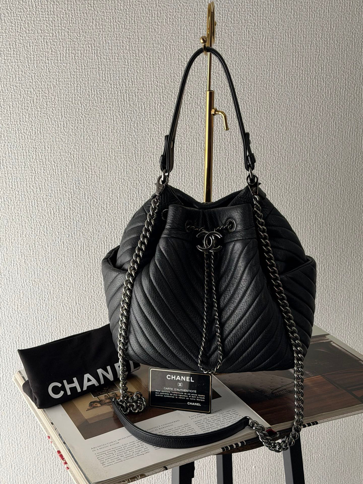 CHANEL Caviar Skin Chevron Drawstring Backpack / Bucket Bag