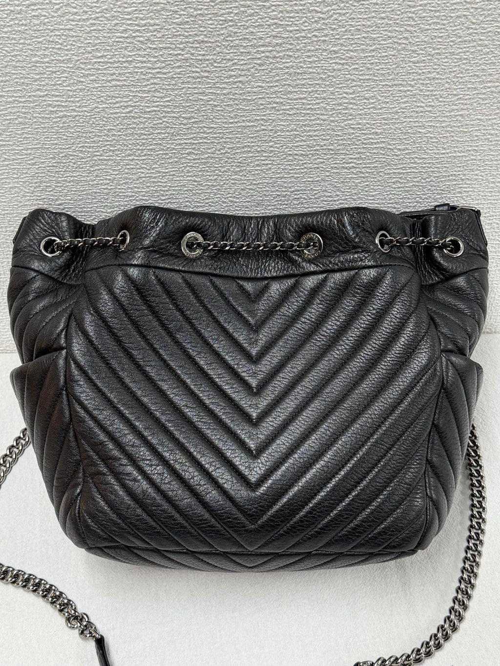 CHANEL Caviar Skin Chevron Drawstring Backpack / Bucket Bag