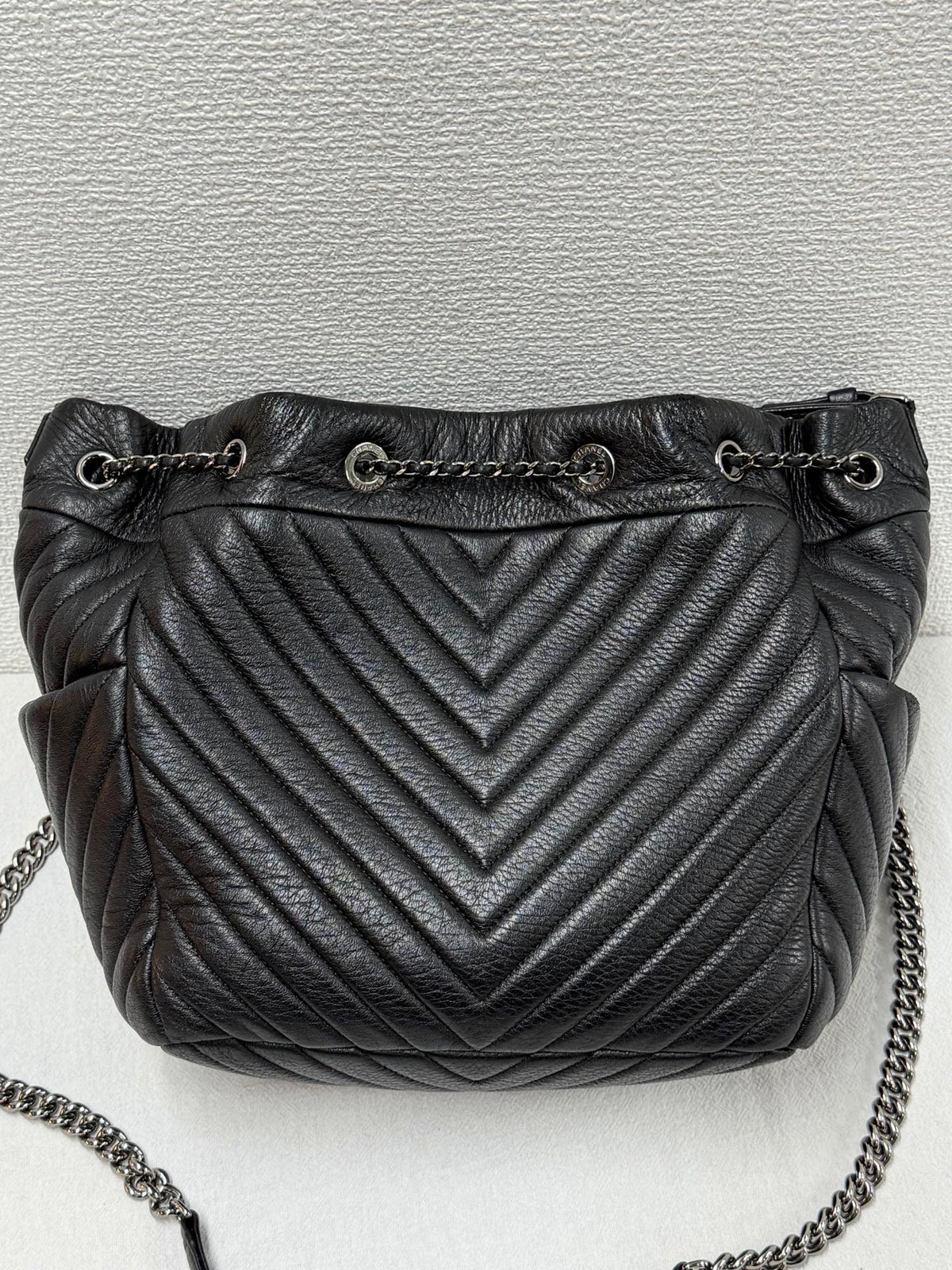 CHANEL Caviar Skin Chevron Drawstring Backpack / Bucket Bag