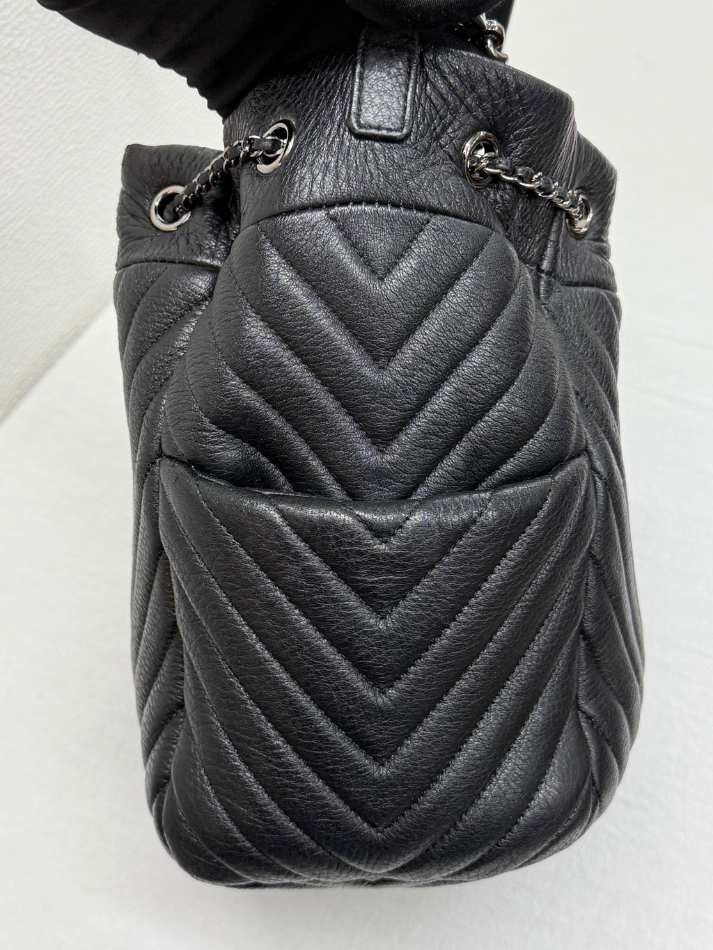 CHANEL Caviar Skin Chevron Drawstring Backpack / Bucket Bag