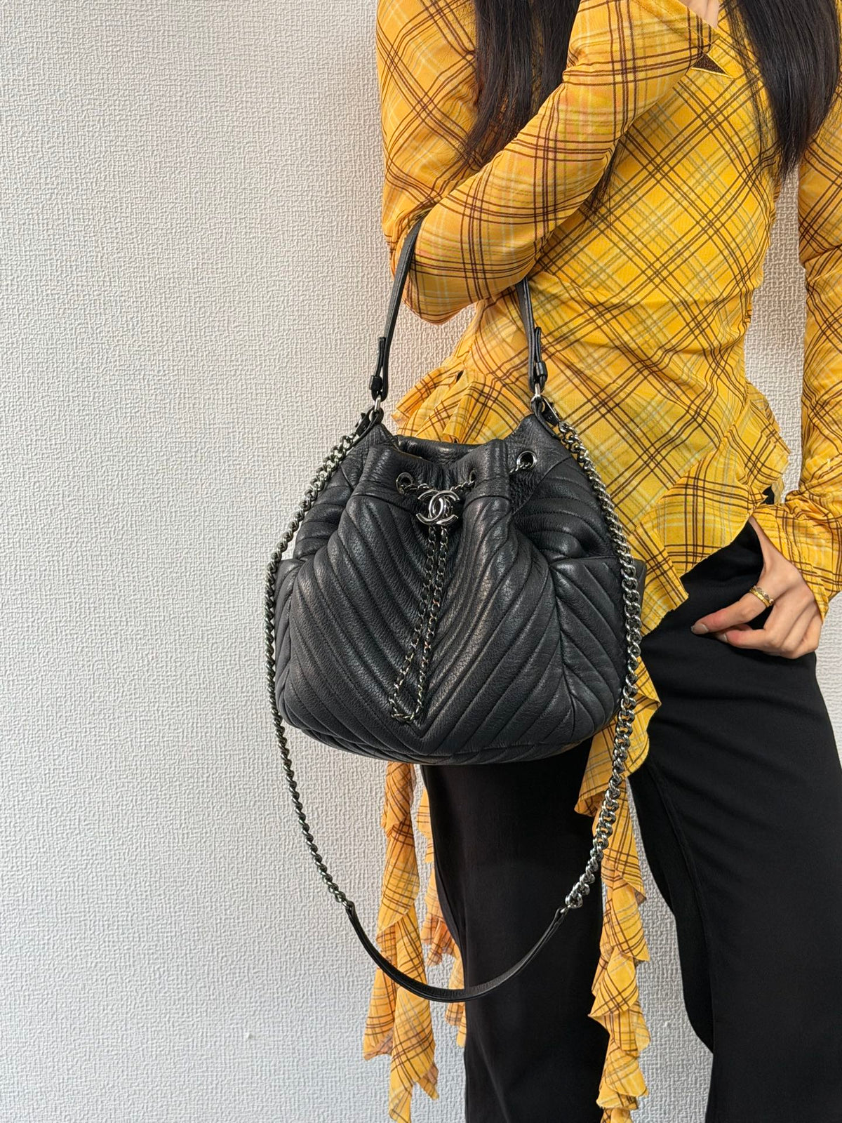 CHANEL Caviar Skin Chevron Drawstring Backpack / Bucket Bag