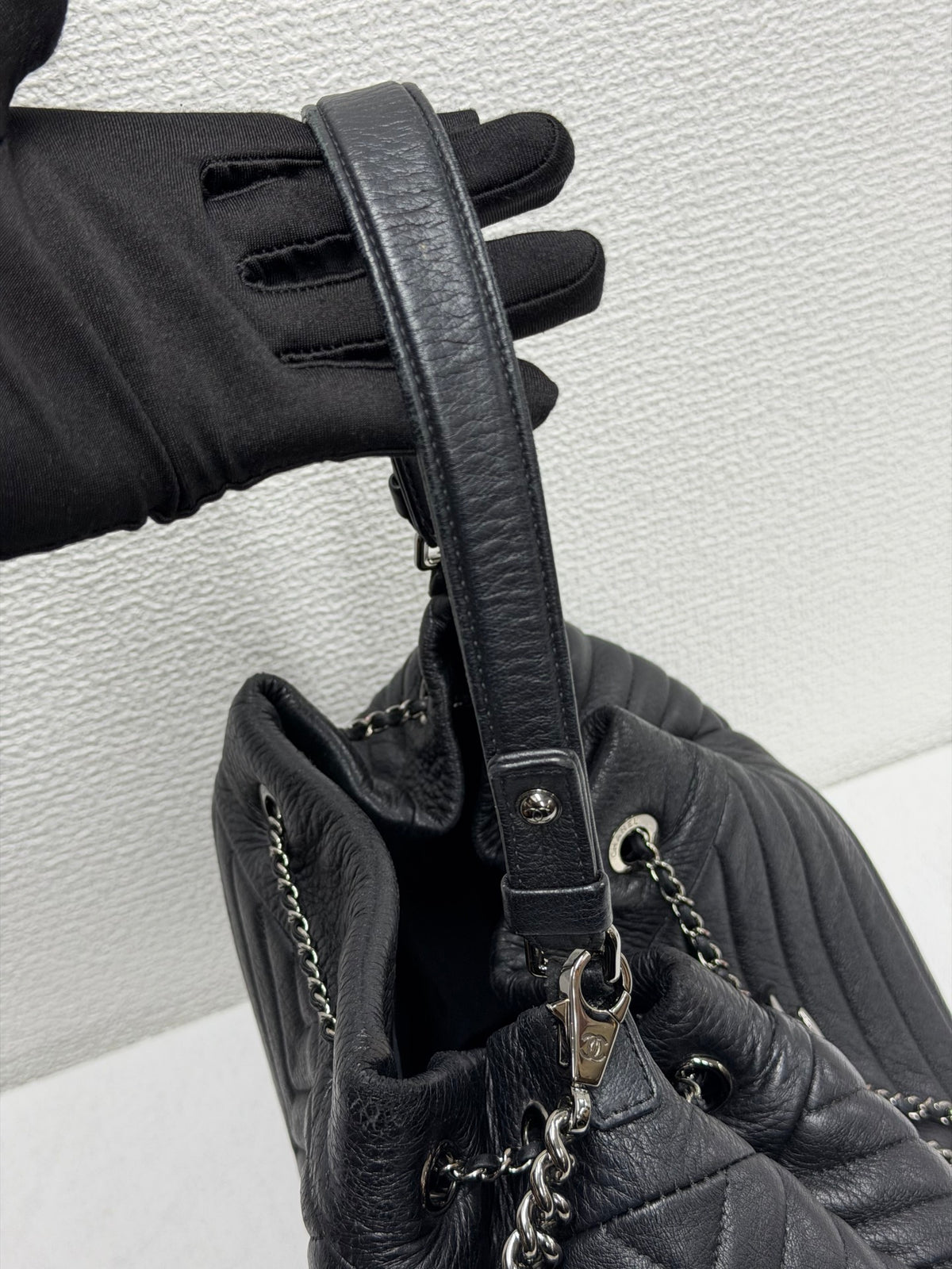 CHANEL Caviar Skin Chevron Drawstring Backpack / Bucket Bag