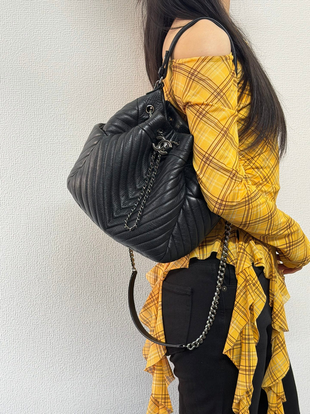 CHANEL Caviar Skin Chevron Drawstring Backpack / Bucket Bag