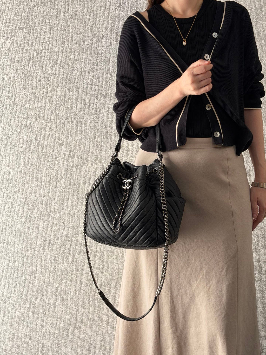 CHANEL Caviar Skin Chevron Drawstring Backpack / Bucket Bag