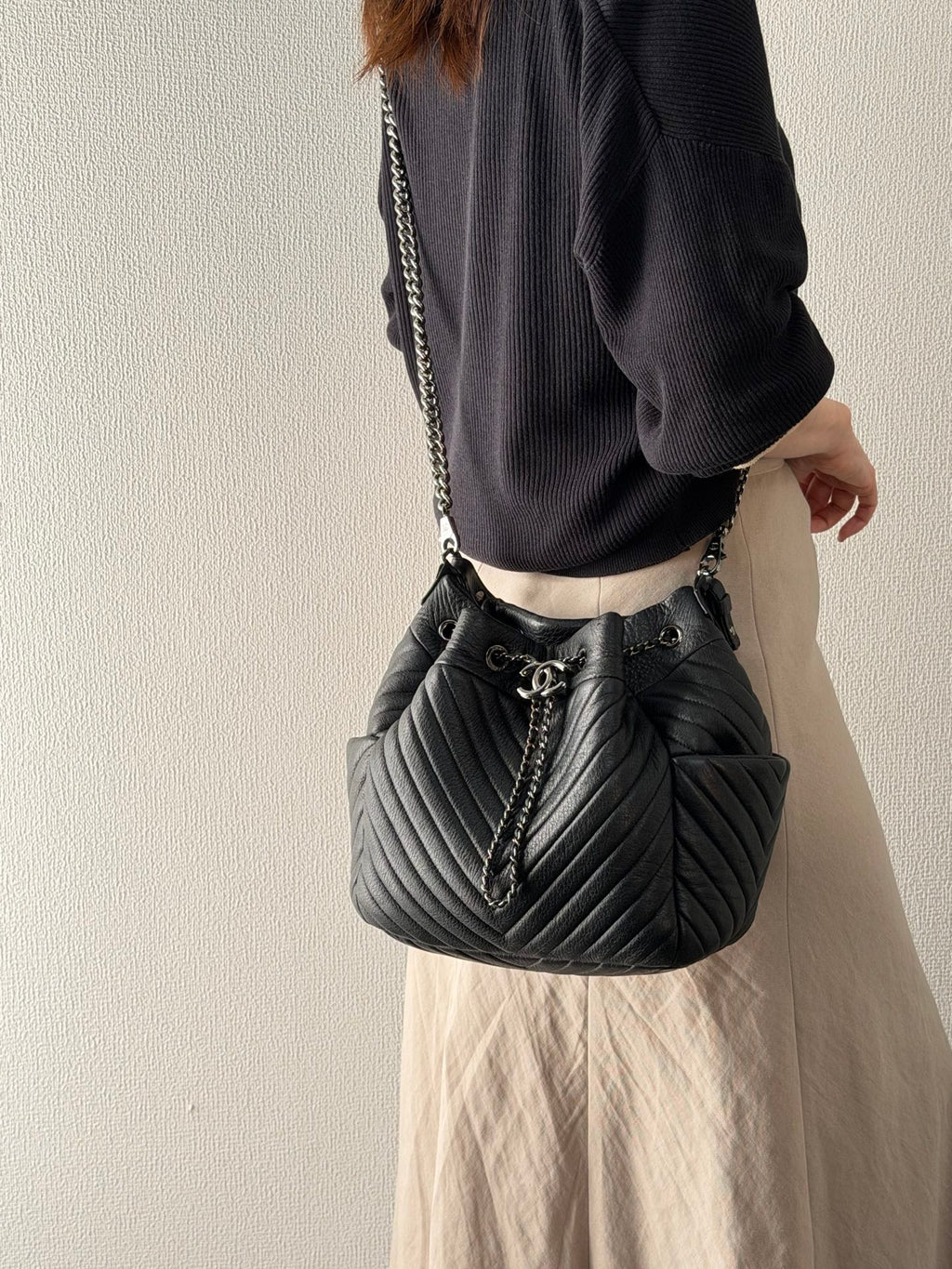 CHANEL Caviar Skin Chevron Drawstring Backpack / Bucket Bag