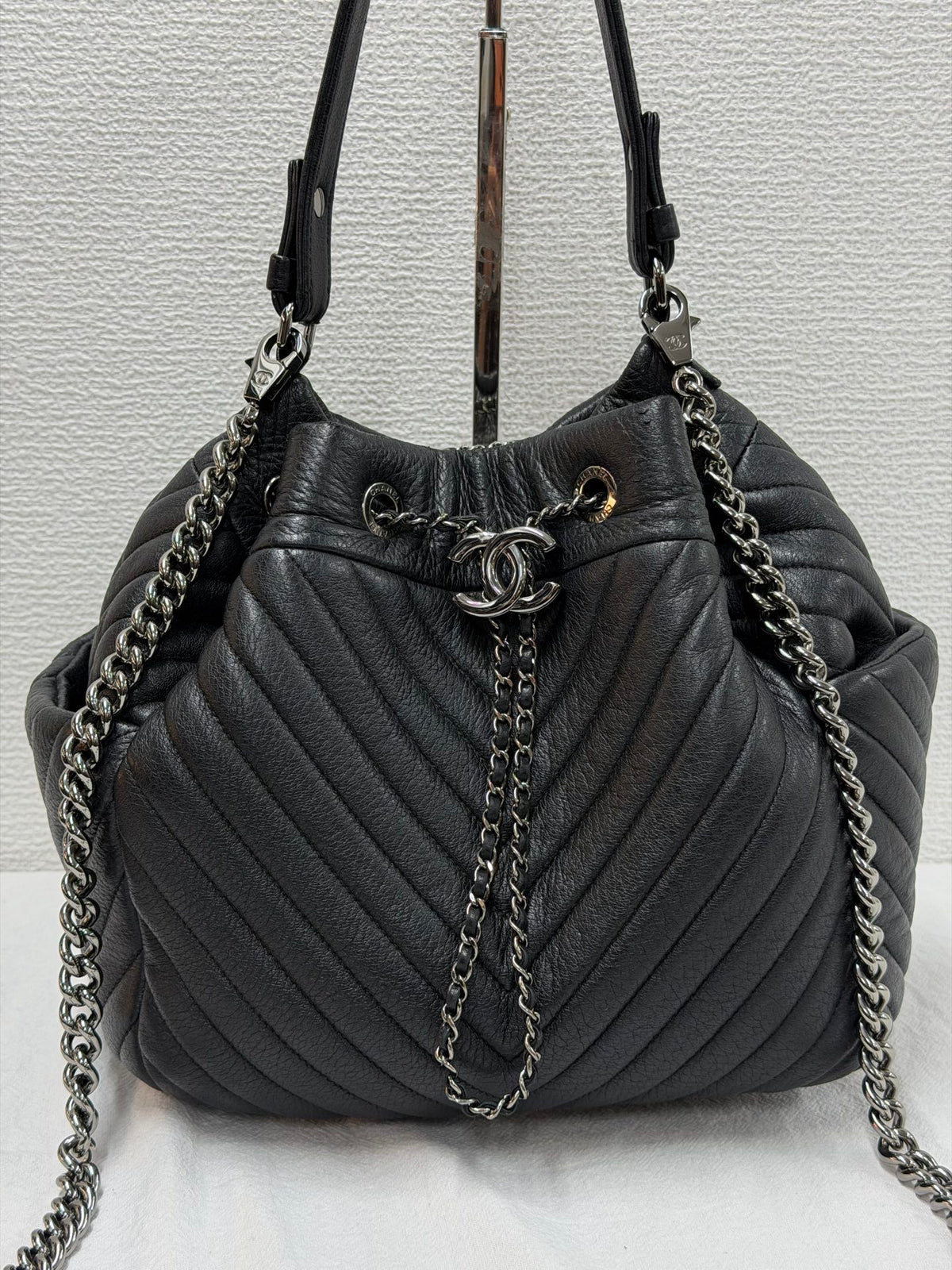 CHANEL Caviar Skin Chevron Drawstring Backpack / Bucket Bag