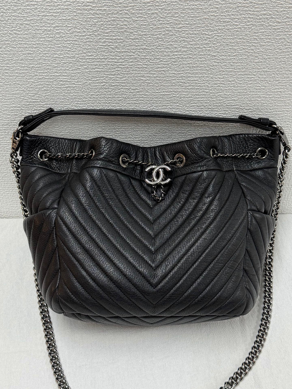 CHANEL Caviar Skin Chevron Drawstring Backpack / Bucket Bag