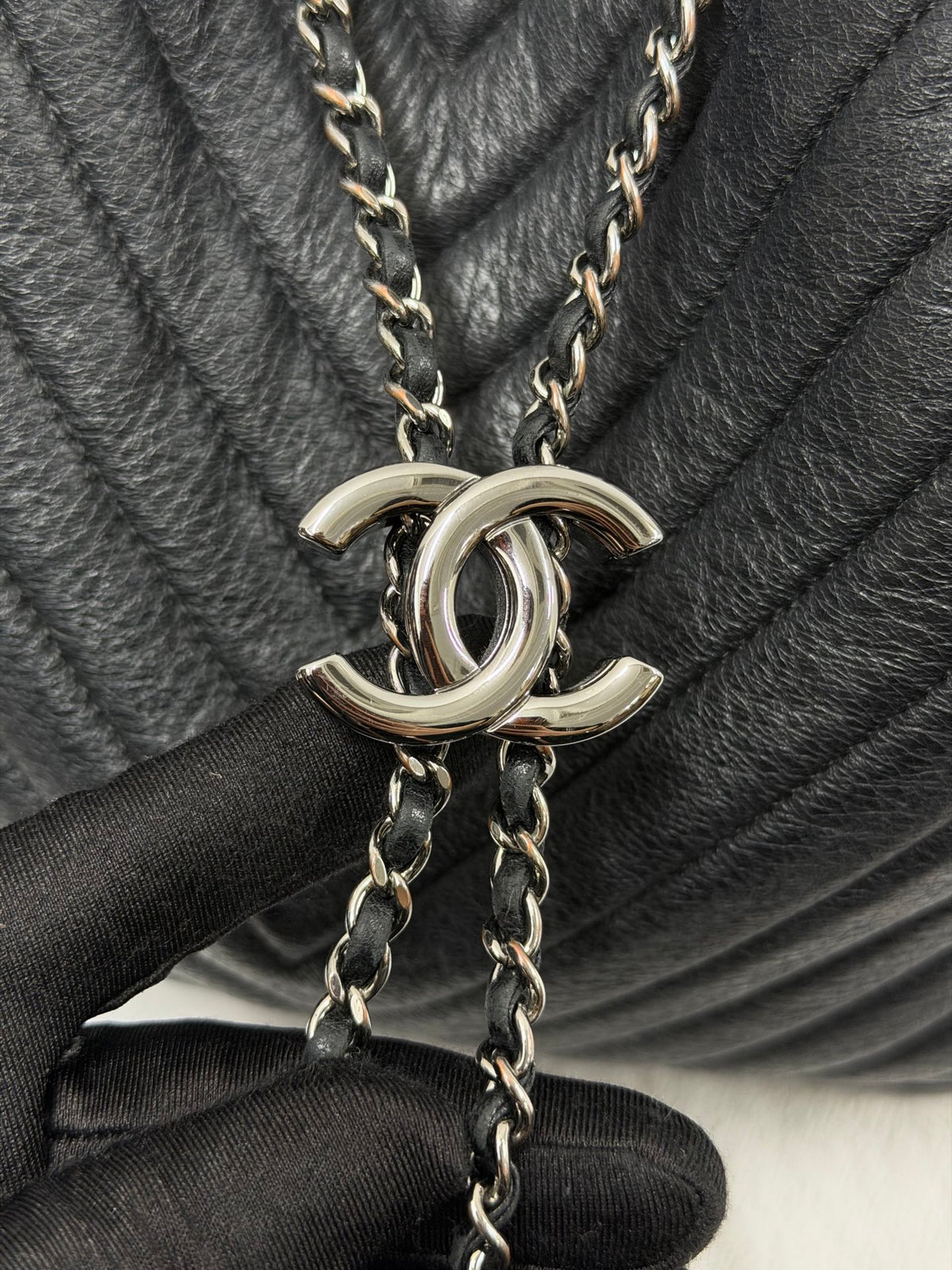 CHANEL Caviar Skin Chevron Drawstring Backpack / Bucket Bag