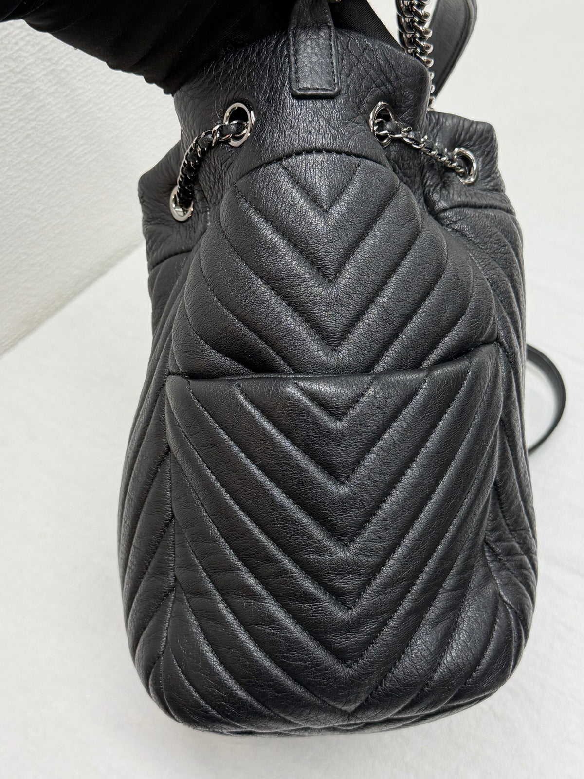 CHANEL Caviar Skin Chevron Drawstring Backpack / Bucket Bag