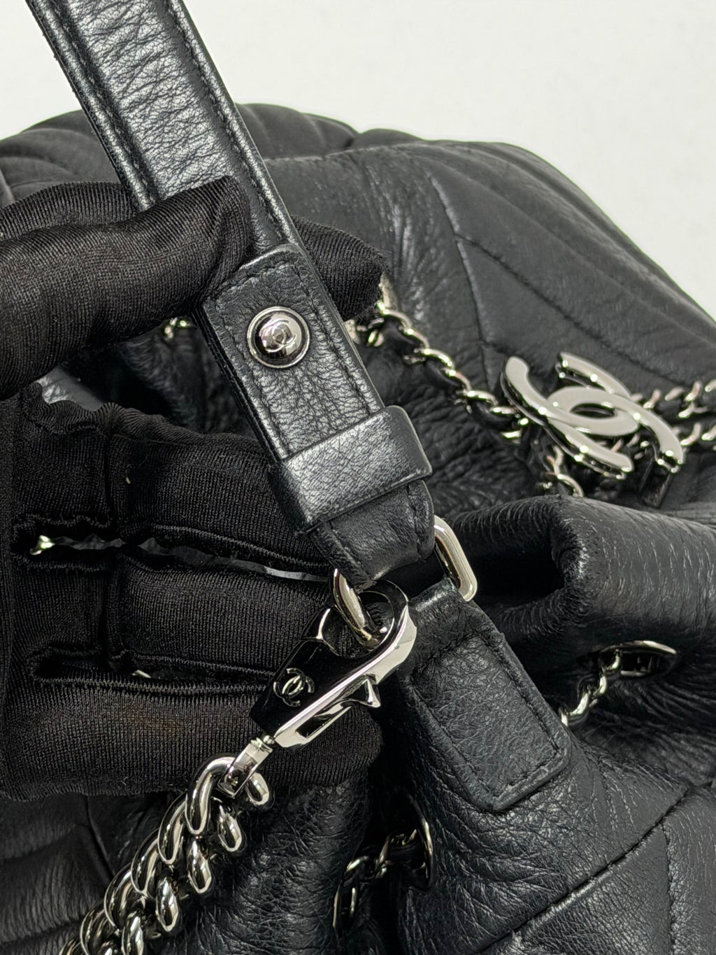 CHANEL Caviar Skin Chevron Drawstring Backpack / Bucket Bag